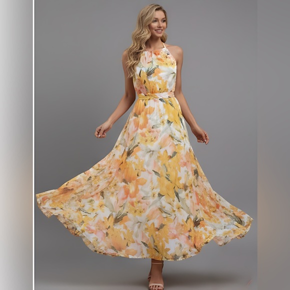 Boho Floral Print Chiffon Halter Dress - Picture 4 of 6